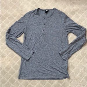 Grey, charcoal long sleeve Henley shirt.